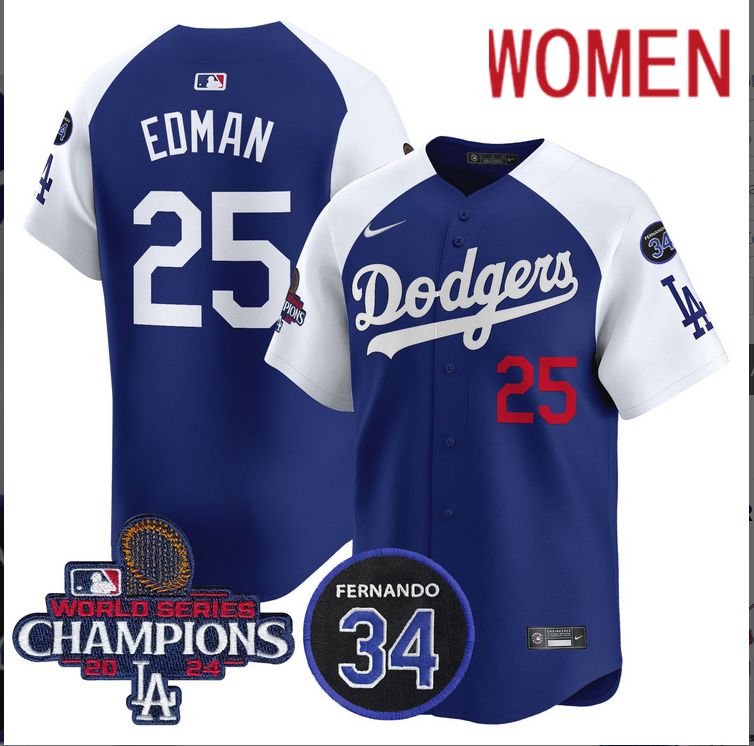 Women MLB Los Angeles Dodgers 25 Edman blue 2024 World Series Champions Patch Limited Jersey